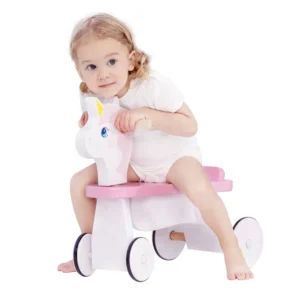 Labebe Pink Unicorn Wooden Tricycles Walker Toys Baby 4 Wheels Bike Toy Kids Wooden Tricycle Ride on Car