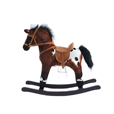 Large Brown Wooden Ride-on Horse Toy with Sound Plush Printing Rocker and Rocking Feature
