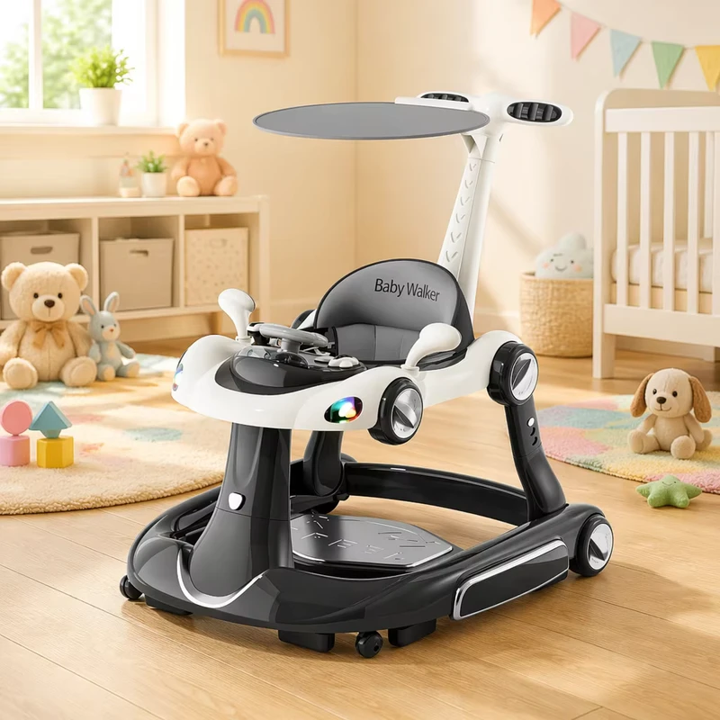 Learning Walker Musical Cute Foldable Anti Rollover Activity 3 in 1 Plastic Baby Walker with Wheels and Seat