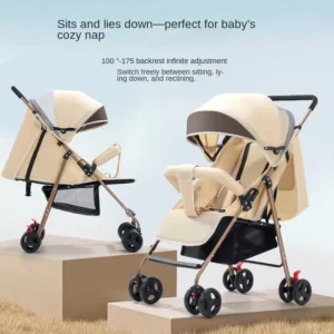 Lightweight Foldable 4 Wheel Stainless Steel Frame Baby Stroller Reclining for Newborns Shock Absorbing Portable Travel System