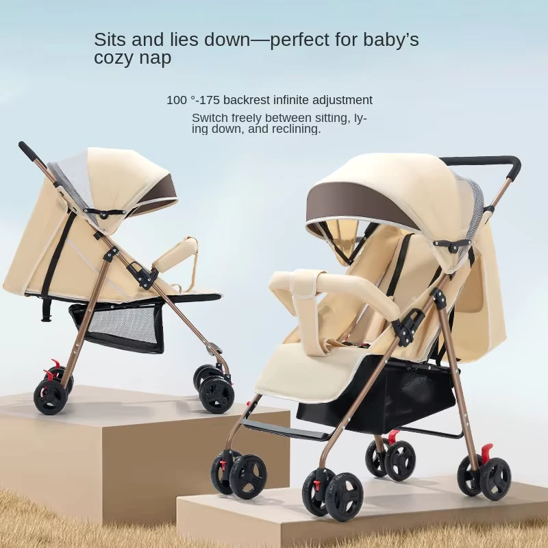 Lightweight Foldable 4 Wheel Stainless Steel Frame Baby Stroller Reclining for Newborns Shock Absorbing Portable Travel System