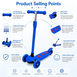 Lightweight Kids Scooter with LED PVC Wheels Adjustable Handlebar 3 Wheel Scooter for Outdoor Riding