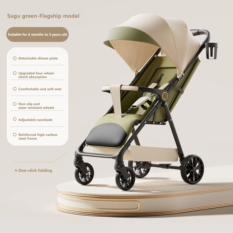 Lightweight Portable Baby Stroller High View Reclining 4-Wheel Umbrella Foldable Reversible Baby Pushchair
