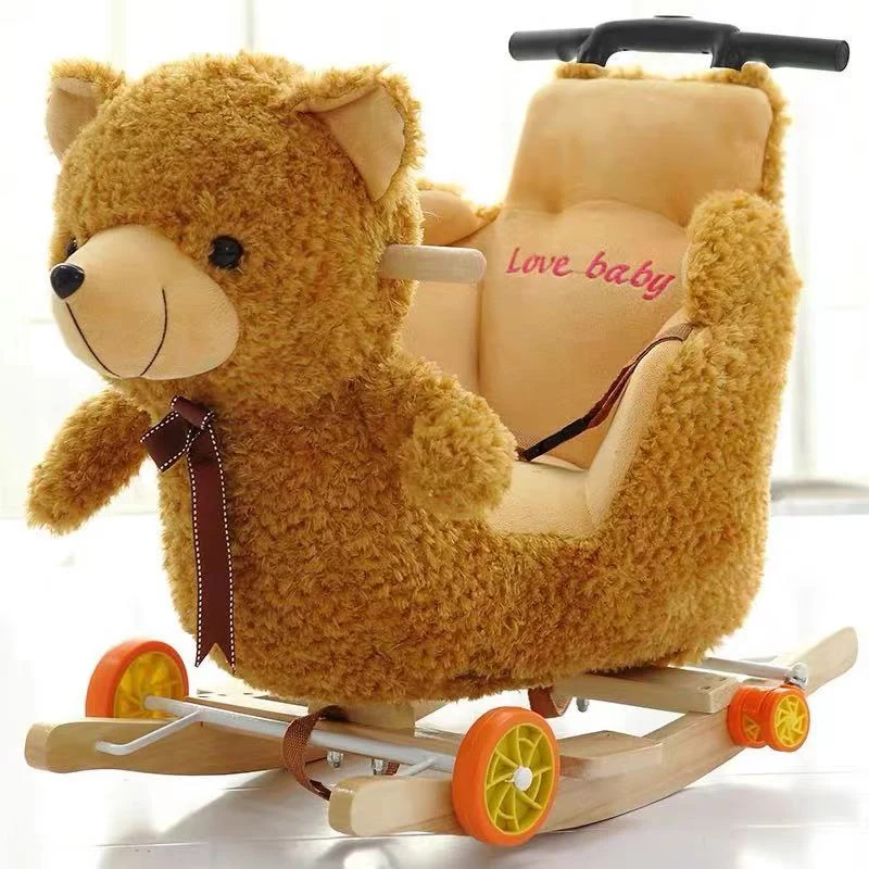 Long Hair Kids Ride on Animal Toy Baby Plush Wooden Rocking Horse Toy