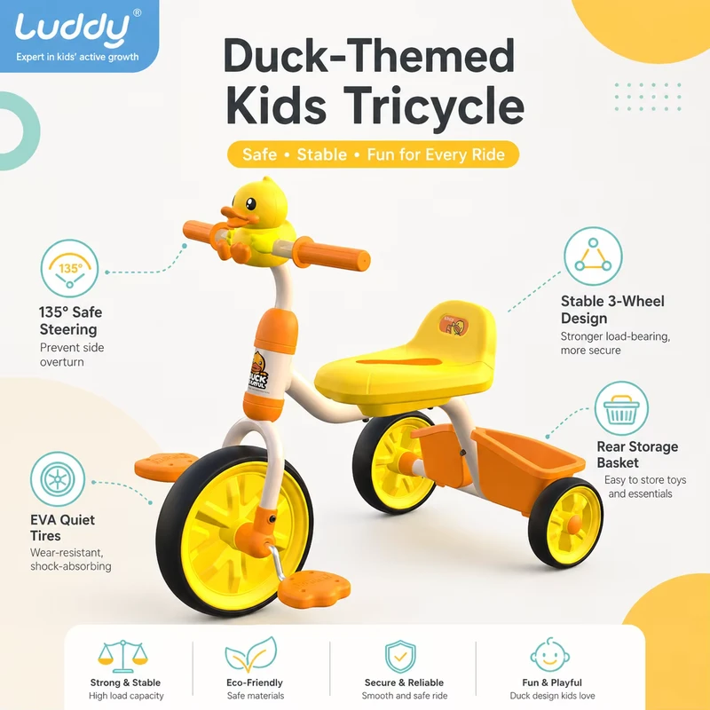 Luddy OEM B.Duck Kids Tricycle Toddler Pedal Trike with Storage Basket 3 Wheel Ride on Toy First Birthday Gift 2-6Y