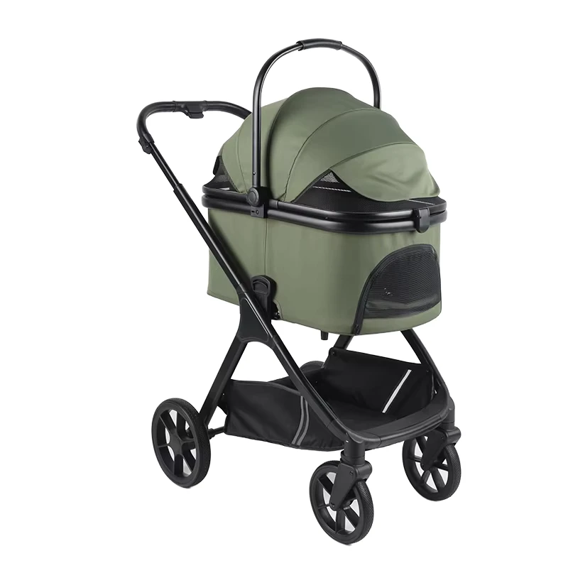 Luxury 4 Wheel Foldable Stainless Steel Frame Pet Dog Trolley Stroller Leash Included Factory Detachable Traveling Walk Carrier