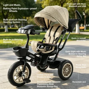 Luxury Kids Tricycle with 360° Rotatable Reclining Seat Light Music Bluetooth USB Explosion proof Wheels Adjustable Push Handle