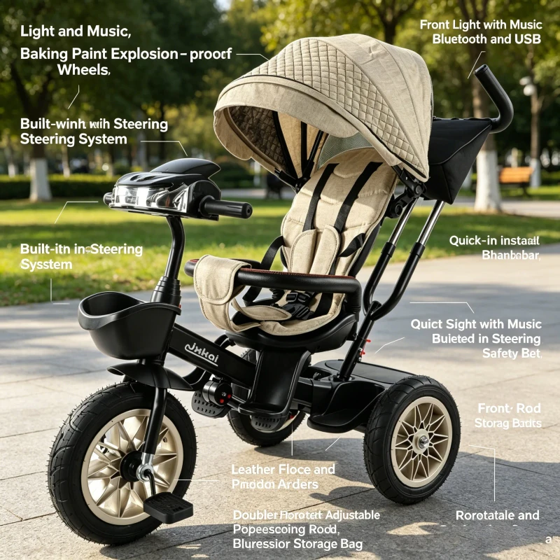 Luxury Kids Tricycle with 360° Rotatable Reclining Seat Light Music Bluetooth USB Explosion proof Wheels Adjustable Push Handle