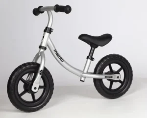 Metallic Silver Kids Balance Bike With Adjustable Padded Seat Puncture Proof Tires And Lightweight Curved Frame Set