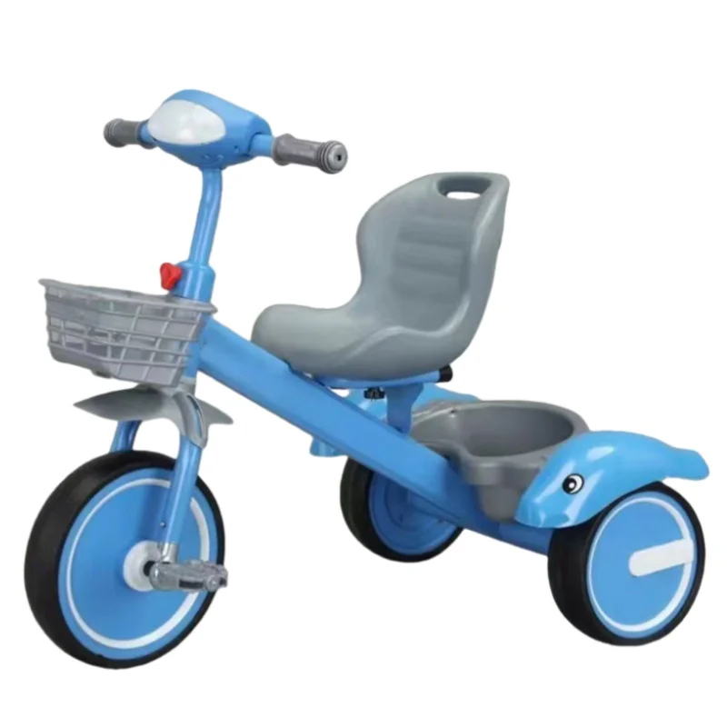Mingtu Baby 3 Wheel Steel Frame Single Speed Plastic Dolphin shaped Rear Basket Push Tricycle with Music Lighting for Ages 2 6