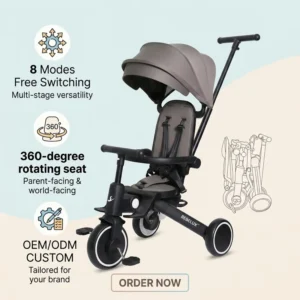 Model T8 High Quality Kids Tricycle One Button Easy Fold Baby Tricycle with Lying Backrest and Rotation Tricycle 4 in 1