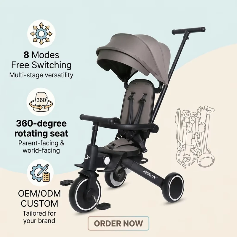 Model T8 High Quality Kids Tricycle One Button Easy Fold Baby Tricycle with Lying Backrest and Rotation Tricycle 4 in 1