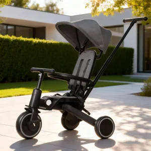 Model T8 Travel System High Quality Kids Tricycle One Button Easy Fold Baby Trike with Lying Backrest Rotation Seat Bike