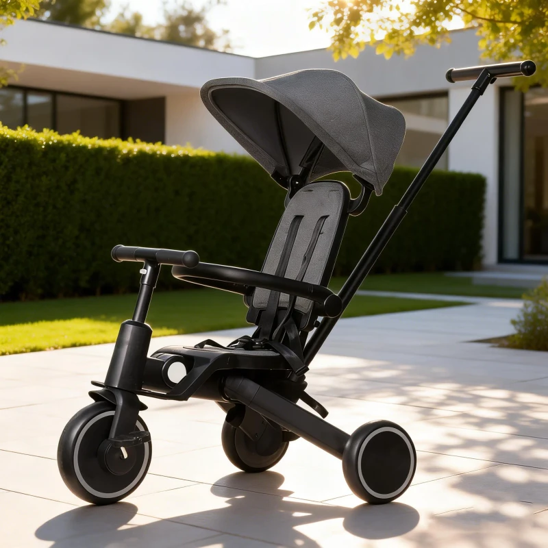 Model T8 Travel System High Quality Kids Tricycle One Button Easy Fold Baby Trike with Lying Backrest Rotation Seat Bike