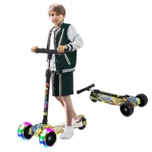Modern Lightweight Foldable 3-Wheel PU Kid Scooter Big Wheels Adjustable Height Printed Flashing Light for Outdoor Use