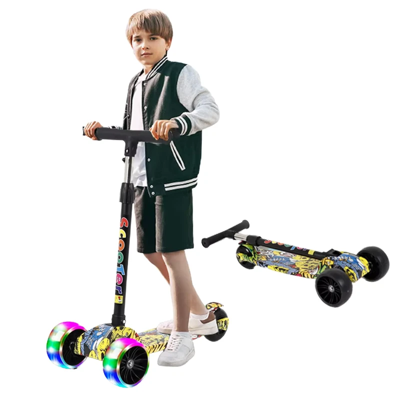Modern Lightweight Foldable 3-Wheel PU Kid Scooter Big Wheels Adjustable Height Printed Flashing Light for Outdoor Use