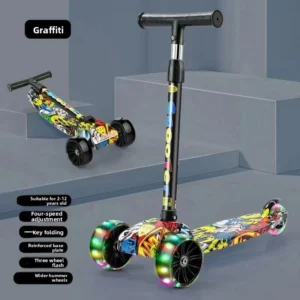 Modern Lightweight Foldable Three Wheel Adjustable Height Child Scooter with Flashing Light for Outdoor Use
