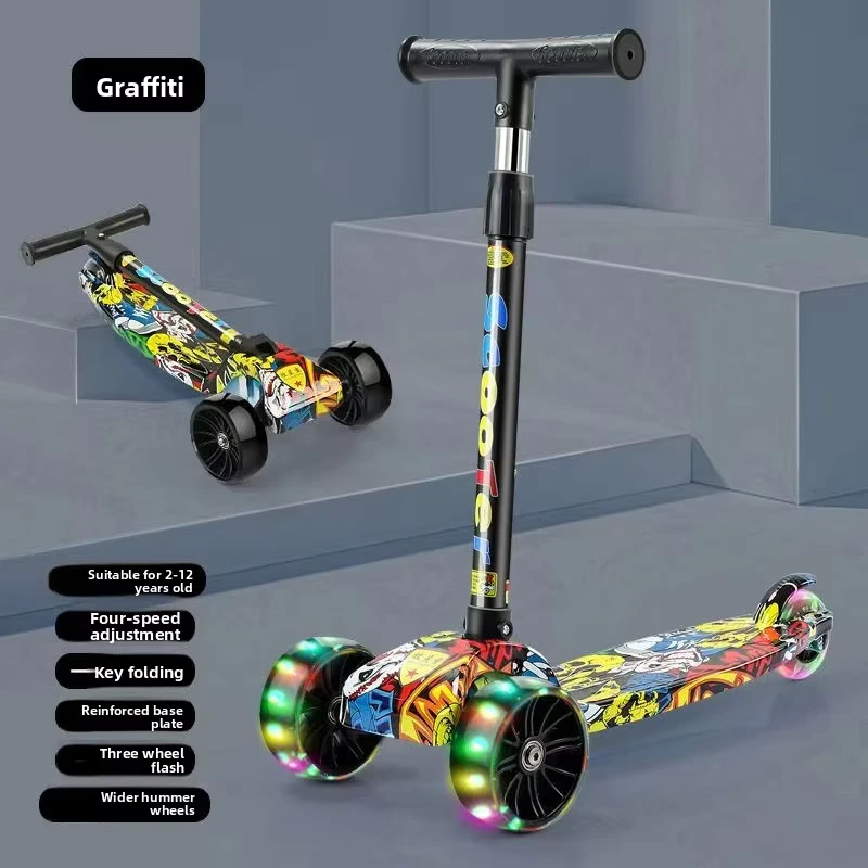 Modern Lightweight Foldable Three Wheel Adjustable Height Child Scooter with Flashing Light for Outdoor Use