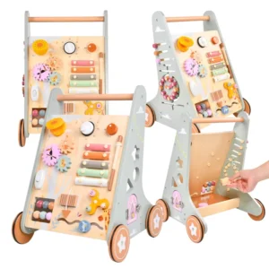 Montessori Baby Walker Busy Board Toddler Sit to Stand Learning Toy Activity Center Baby Push Walker Wooden 6pcs Eco friendly