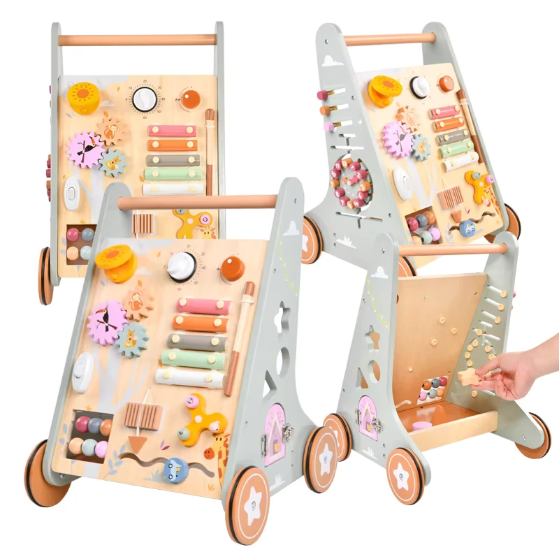 Montessori Baby Walker Busy Board Toddler Sit to Stand Learning Toy Activity Center Baby Push Walker Wooden 6pcs Eco friendly