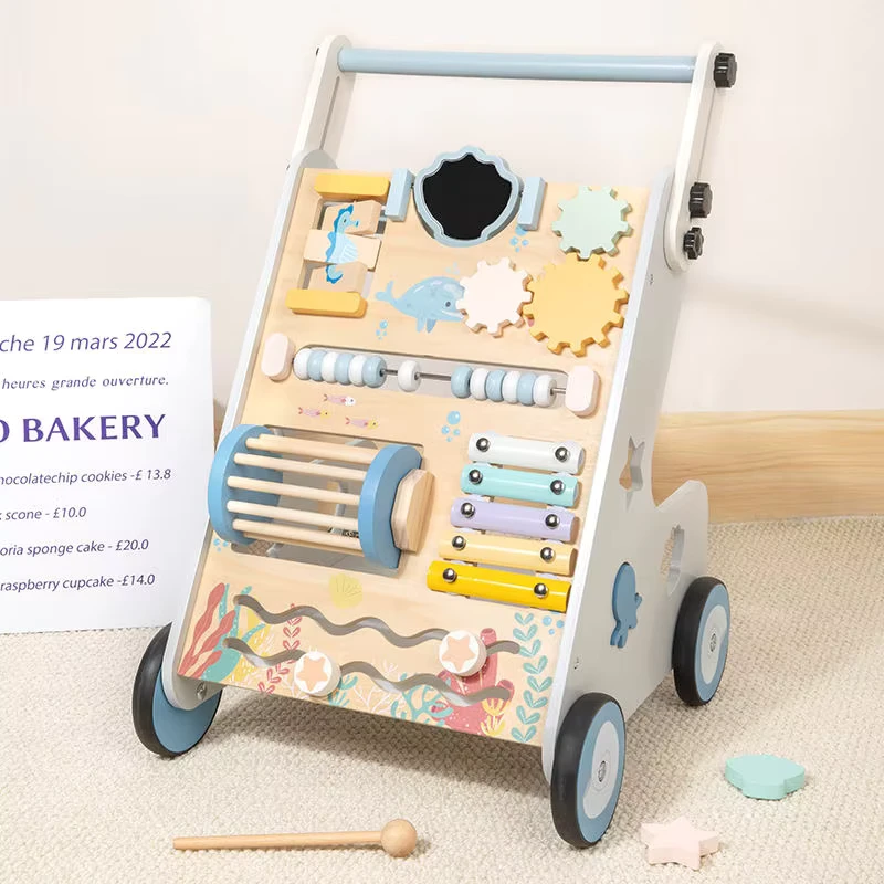Montessori Sensory Baby Walker Unisex Activity Push Trolley Building Blocks Beads Musical Educational Toy for Preschool Children