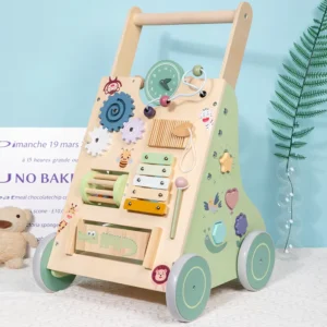 Montessori Wooden Baby Push Walker Toy Adjustable Height Learning Toy with Safety Brakes Activity Board for Early Development