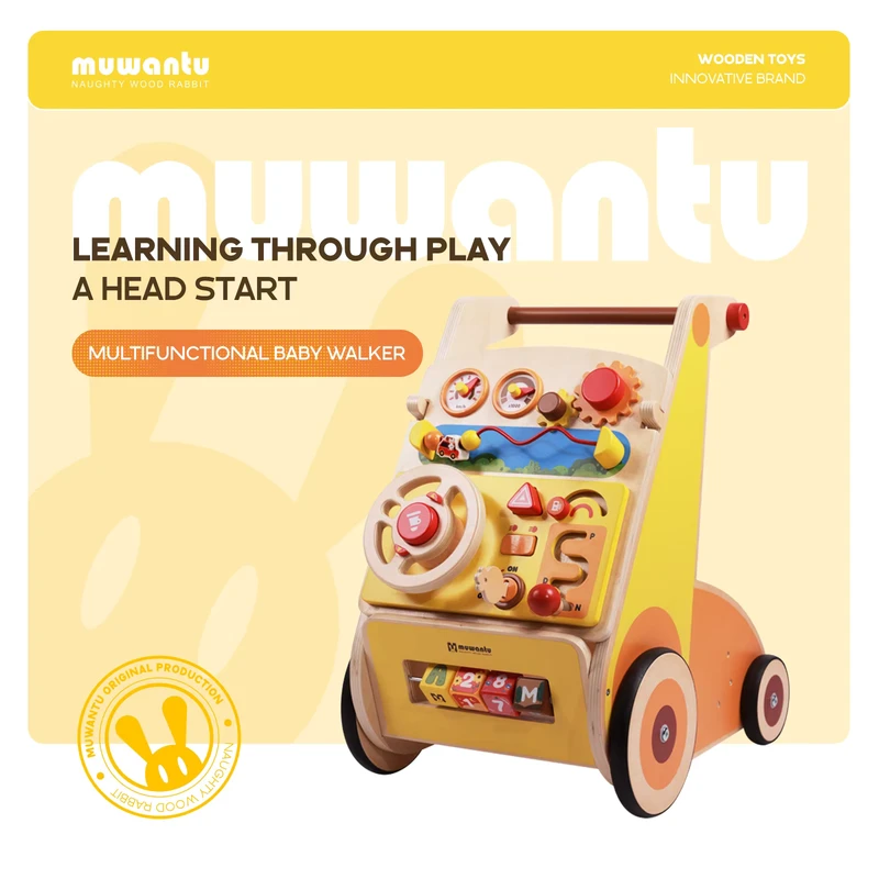 Montessori Wooden Baby Walker Pretend Driving Activity Toy Steering Wheel Gear Number Block Sensory Learning Toy for Toddler