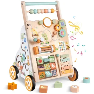 Multi Functional Musical Baby Wooden Activity Walker Trolley Wooden Push Walker with Wheels Baby Activity Center