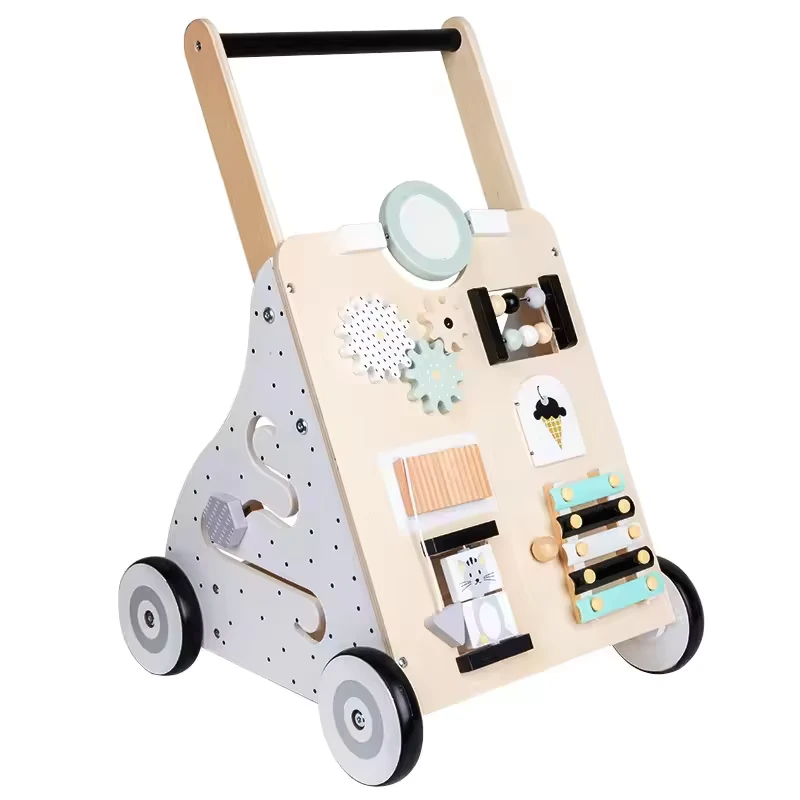 Multi Functional Wooden Baby Walker Trolley with Anti Rollover Feature Early Education Storage Shopping Cart for Learning