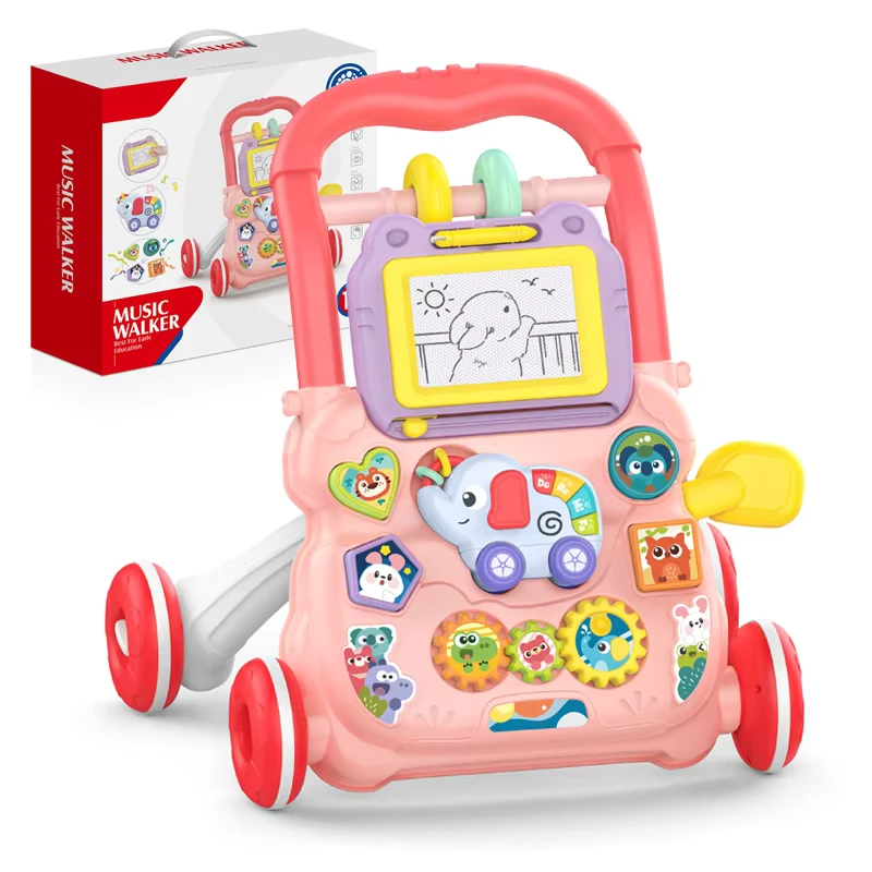 Multifunction Baby Musical Hand Push Walker Toy Drawing Board Kids Walker Activity Walker