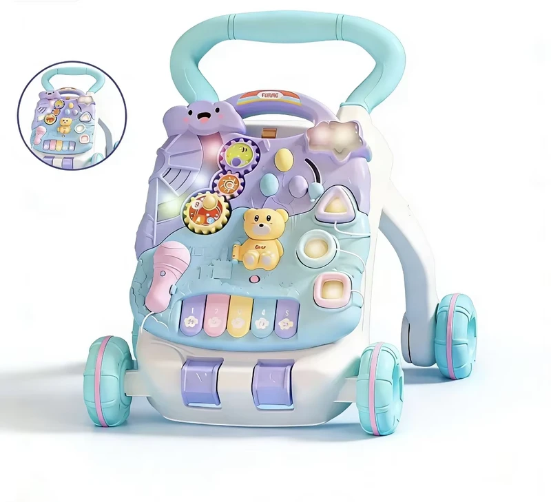 Multifunctional 4-Wheel Music Baby Walker Plastic & Metal Early Education Push Toy 10KG Load Capacity for 0-3 Years