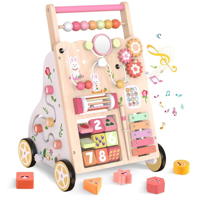 Multifunctional Adjustable Wooden Baby Push Activity Center Walker Baby Learning Walkers With Music