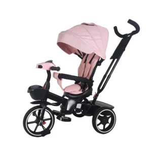 Multifunctional Baby Tricycle Parental Control Push Trike with Removable Canopy Storage Basket and Safety Guardrail for Infants