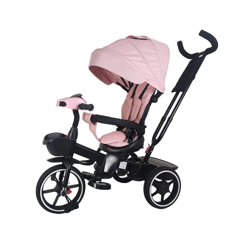 Multifunctional Baby Tricycle Parental Control Push Trike with Removable Canopy Storage Basket and Safety Guardrail for Infants