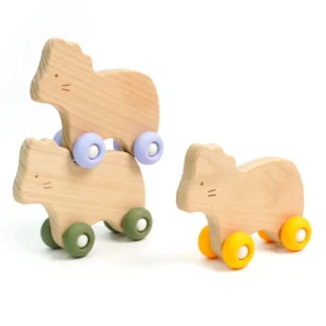 Natural Log Wooden Animal Push Car Toy Original Color Lion Shape Rolling Vehicle Toddler Early Grasp Training Play Toy