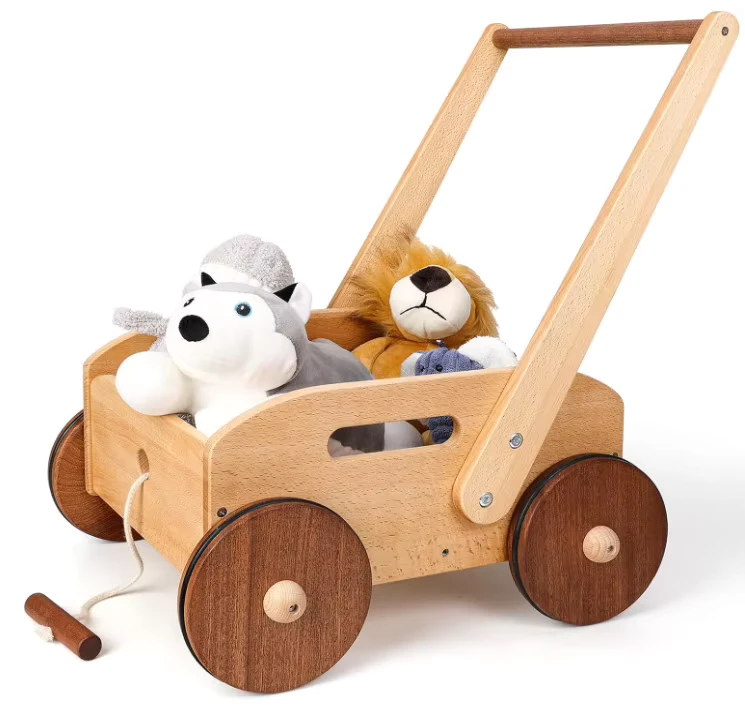 Natural Wood Eco friendly Polished Handmade Adjustable Baby Walker Push Pull Learning Walking Educational Toys Customizable Size