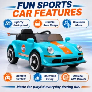 New 12V Kids Electric Ride on Sports Car 380 *2 Drive With Parental Remote Control Double Door Bluetooth USB Swing Function