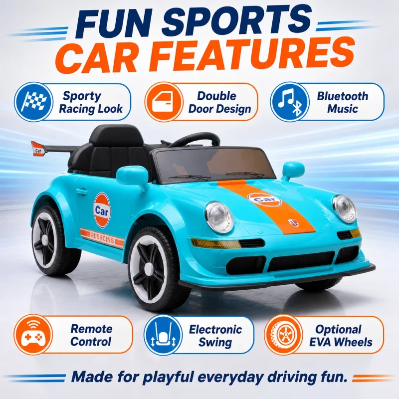 New 12V Kids Electric Ride on Sports Car 380 *2 Drive With Parental Remote Control Double Door Bluetooth USB Swing Function