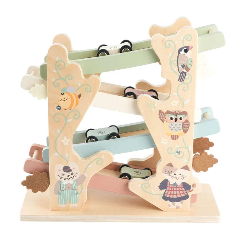 New Baby Kids Early Educational Continuous Sliding Track Wooden Classic Jungle Ramp Racer Car Toy Vehicle For Children