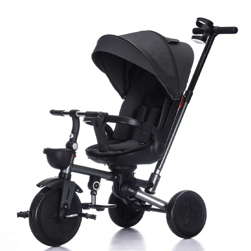 New Children Metal Frame Tricycle Folding Children Tricycle 3 Wheels Tricycle with Sunshade and Push Bar for Kids Children