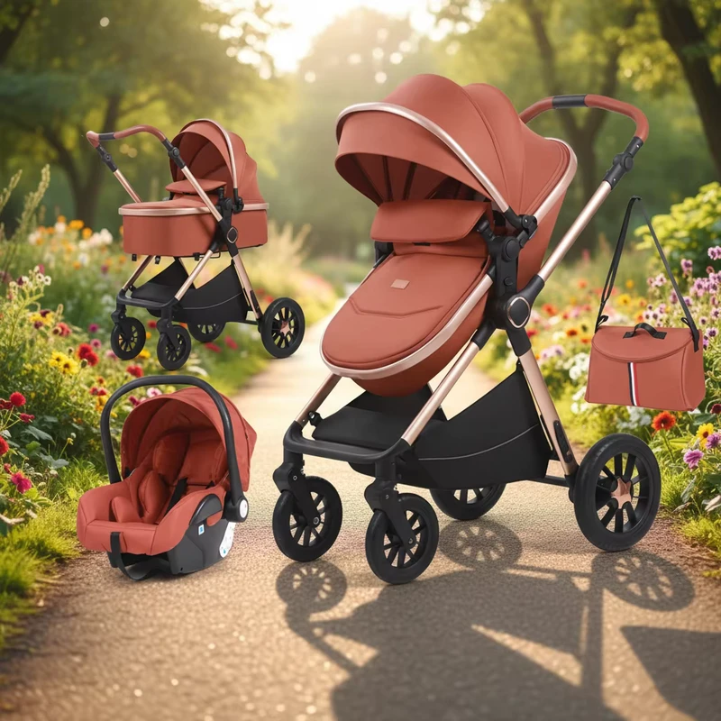 Newborn Baby Stroller Luxury Pram Baby Kinderwagen With Car Seat Fashionable 3 in 1 Compact Push Chair With Mommy Bag