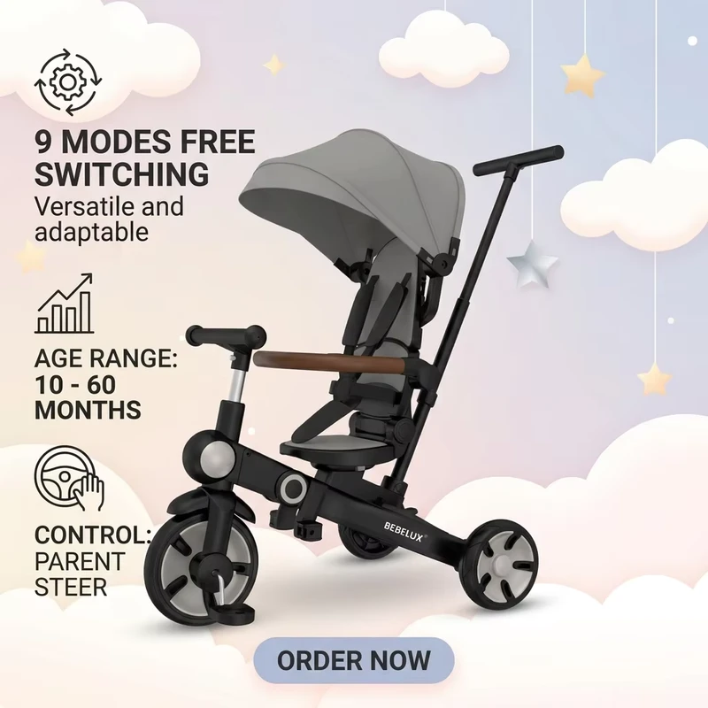 OEM 9 in 1 Foldable Multifunctional Kids Tricycle 360 Rotating Seat Toddler 3 Wheel Baby Bike for Outdoor Travel