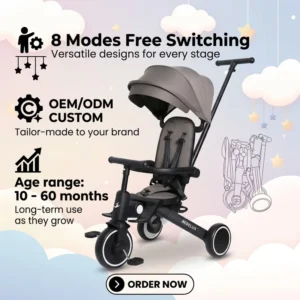 OEM CUSTOM China Factory Custom T8 Kids Tricycle with Anti Slip Pedals Adjustable Awning Baby Stroller Tricycle for Toddlers