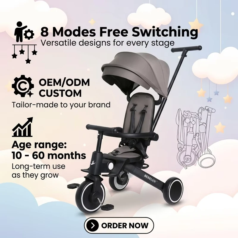 OEM CUSTOM China Factory Custom T8 Kids Tricycle with Anti Slip Pedals Adjustable Awning Baby Stroller Tricycle for Toddlers