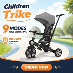 OEM CUSTOM One-Hand Foldable 9 in 1 Multi Stage Kids Tricycle with Reversible Seat Baby Stroller Tricycle for Toddlers