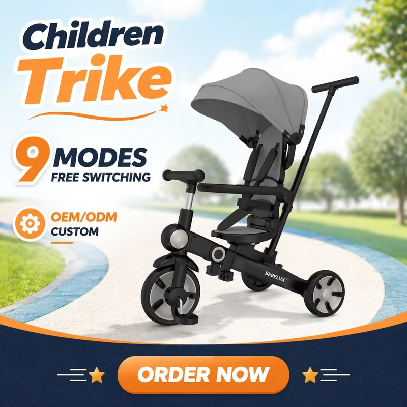 OEM CUSTOM One-Hand Foldable 9 in 1 Multi Stage Kids Tricycle with Reversible Seat Baby Stroller Tricycle for Toddlers
