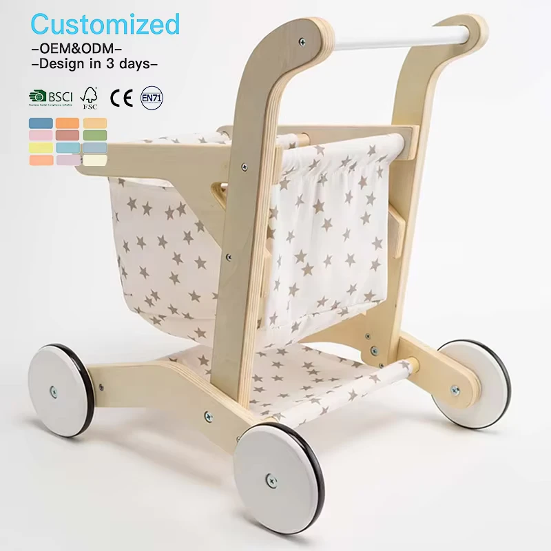 OEM ODM CPC CE Wooden Educational Toy Manufacturer Baby Walker Early Learning Simulation Cart Toddler Shopping Trolley