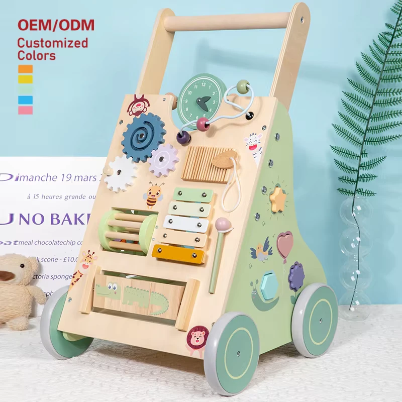 OEM ODM Multi Function Motor Skills Development Wooden Baby Walker Early Education Push Pull Toy for Kids Boys Girls