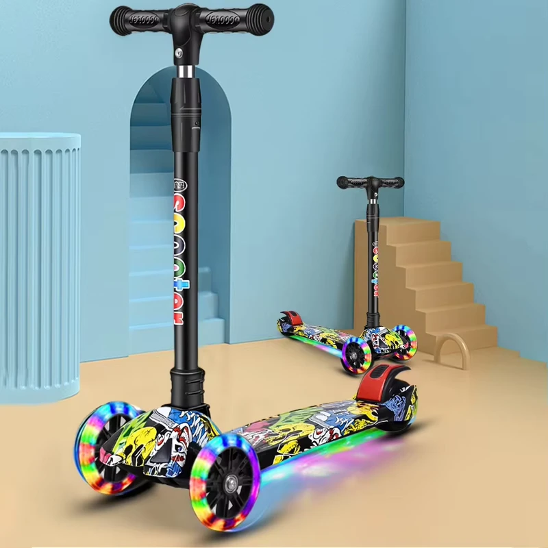Oem Foldable Kick Scooter Light up Wheels 3 Wheel Scooter Adjustable Height Kids Push Scooter Lean To Steer For Children