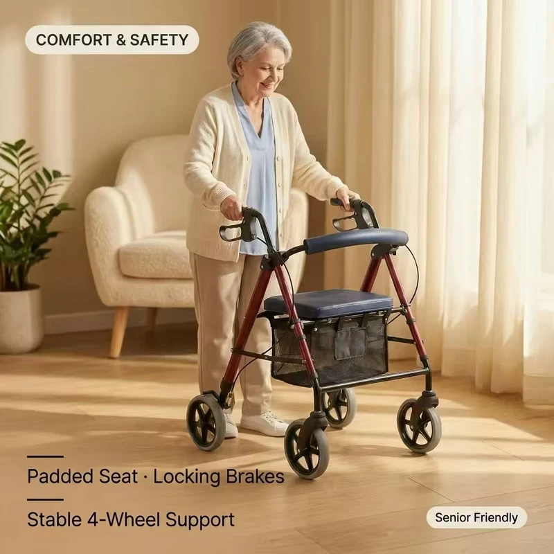 Olderly Walking Aids Matel Wheel Chair Folding Portable Folding Rollator Walker Adult Walker With Soft Seat